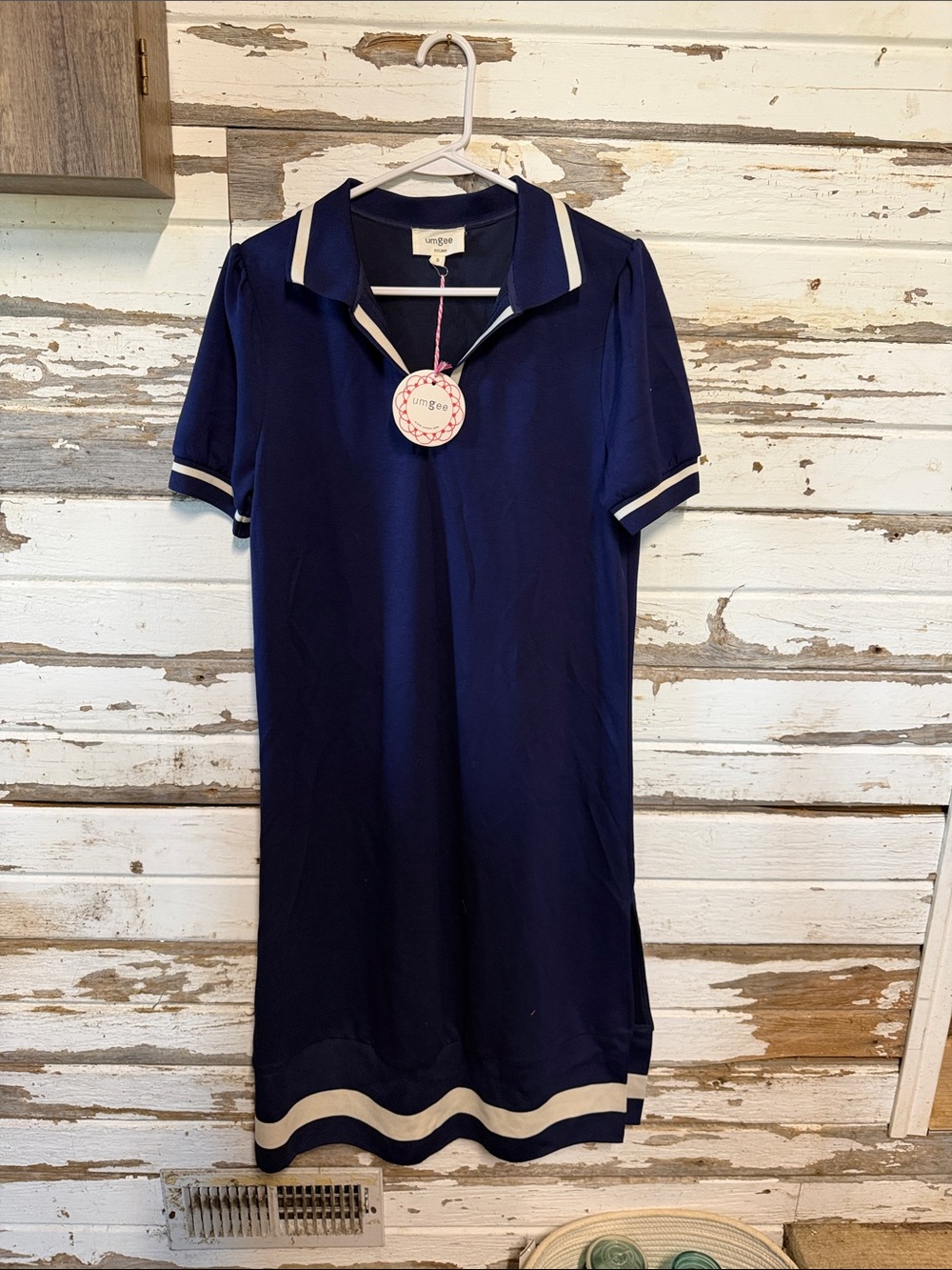 Umgee Navy Dress with Cream Trim Polo Collar